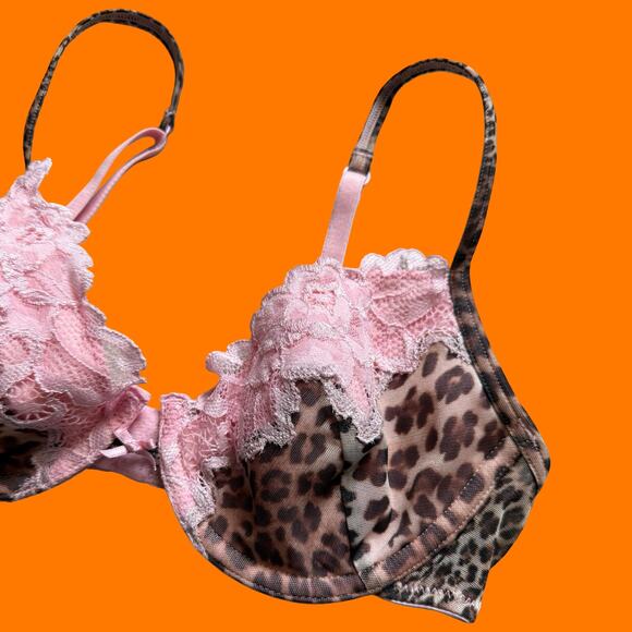 00's vintage leopard print mesh baby pink lace coquette y2k bra 34B express - Picture 2 of 7